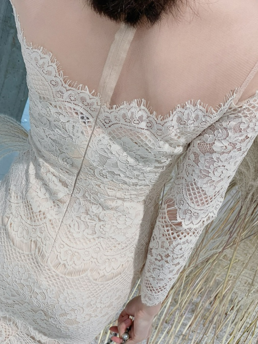 Everly Mesh Shoulder Lacey Bodycon Dress (Discounted-S Size)-The Black Bow-