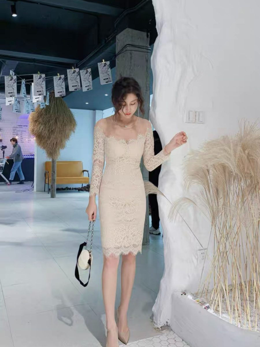 Everly Mesh Shoulder Lacey Bodycon Dress (Discounted-S Size)-The Black Bow-