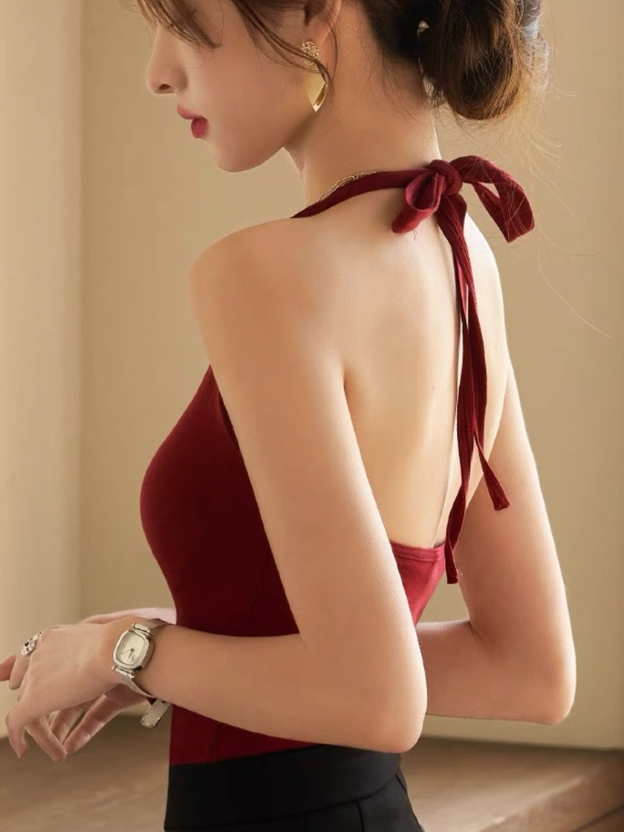 Jalyna Halter Neck Tie Padded Knit Cropped Top-The Black Bow-