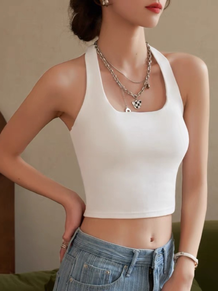 Jalyna Halter Neck Tie Padded Knit Cropped Top-The Black Bow-