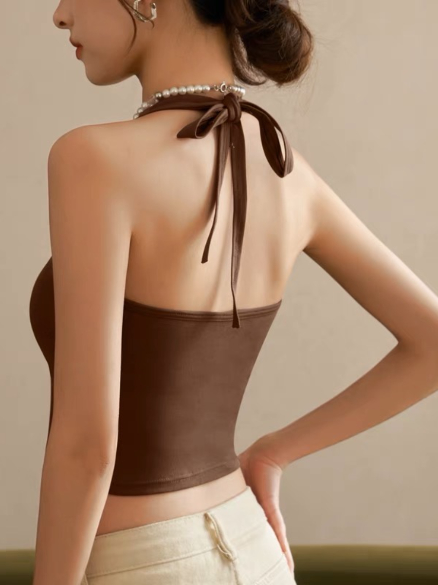 Jalyna Halter Neck Tie Padded Knit Cropped Top-The Black Bow-