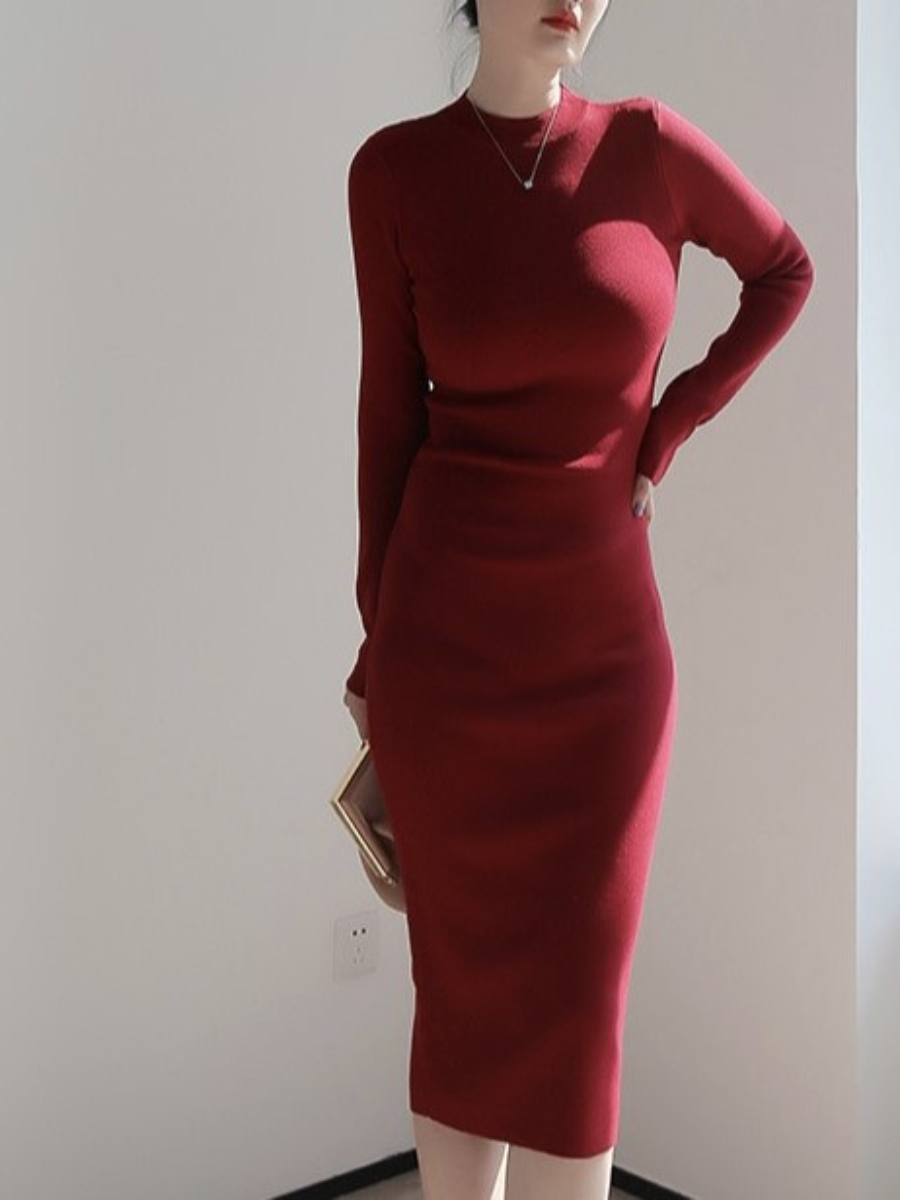 Jahzara Classic Long Sleeve Bodycon Knit Dress -The Black Bow-