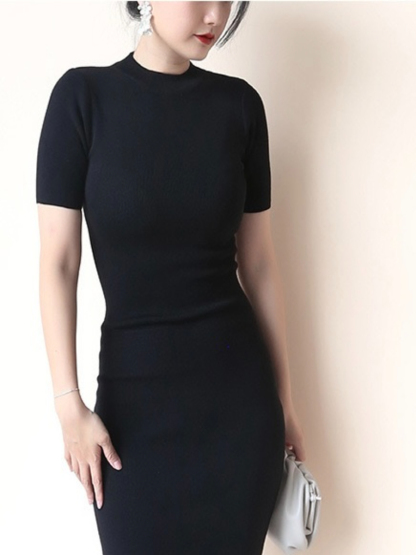 Janal Classic Short Sleeve Bodycon Knit Dress-The Black Bow-
