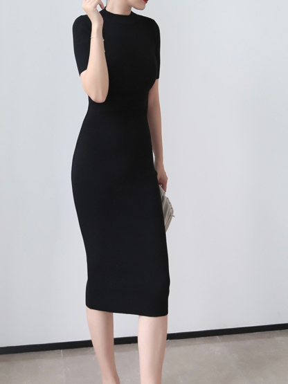 Janal Classic Short Sleeve Bodycon Knit Dress-The Black Bow-