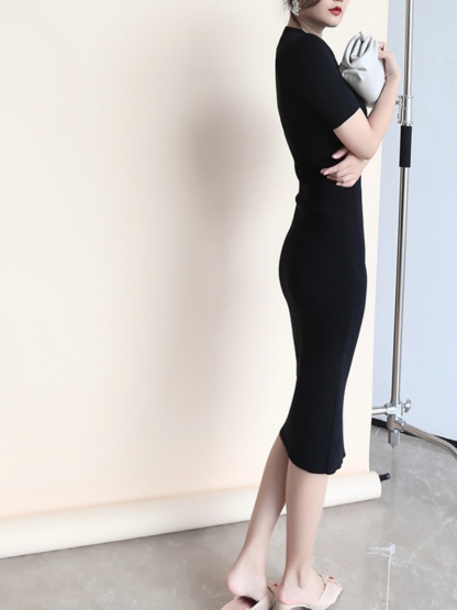 Janal Classic Short Sleeve Bodycon Knit Dress-The Black Bow-