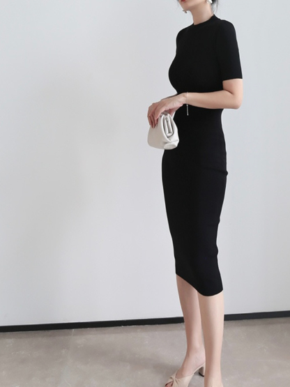 Janal Classic Short Sleeve Bodycon Knit Dress-The Black Bow-