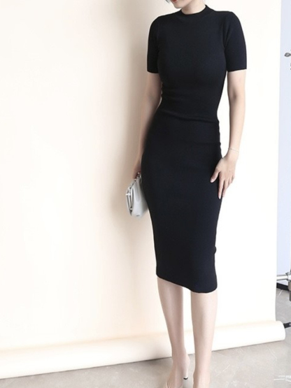 Janal Classic Short Sleeve Bodycon Knit Dress-The Black Bow-