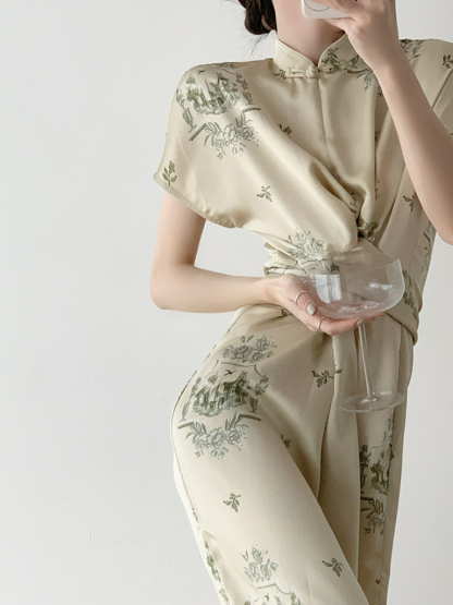 Yu Jin Waist Knot Shanghai Collar Oriental Dress With Sleeve-The Black Bow-