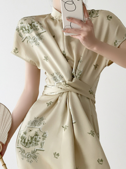Yu Jin Waist Knot Shanghai Collar Oriental Dress With Sleeve-The Black Bow-