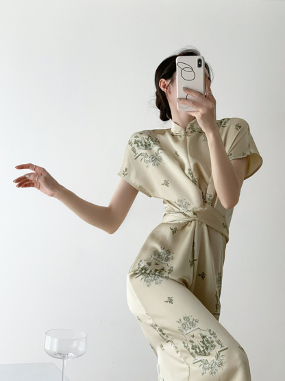 Yu Jin Waist Knot Shanghai Collar Oriental Dress With Sleeve-The Black Bow-