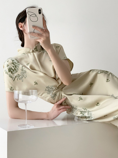Yu Jin Waist Knot Shanghai Collar Oriental Dress With Sleeve-The Black Bow-