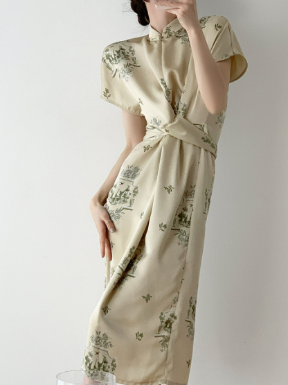 Yu Jin Waist Knot Shanghai Collar Oriental Dress With Sleeve-The Black Bow-