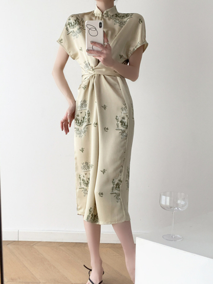 Yu Jin Waist Knot Shanghai Collar Oriental Dress With Sleeve-The Black Bow-
