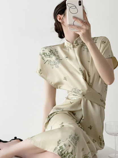 Yu Jin Waist Knot Shanghai Collar Oriental Dress With Sleeve-The Black Bow-
