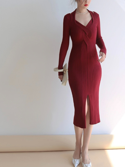 Jarara Heart Collar Front Slit Ribbed Knit Bodycon Dress-The Black Bow-