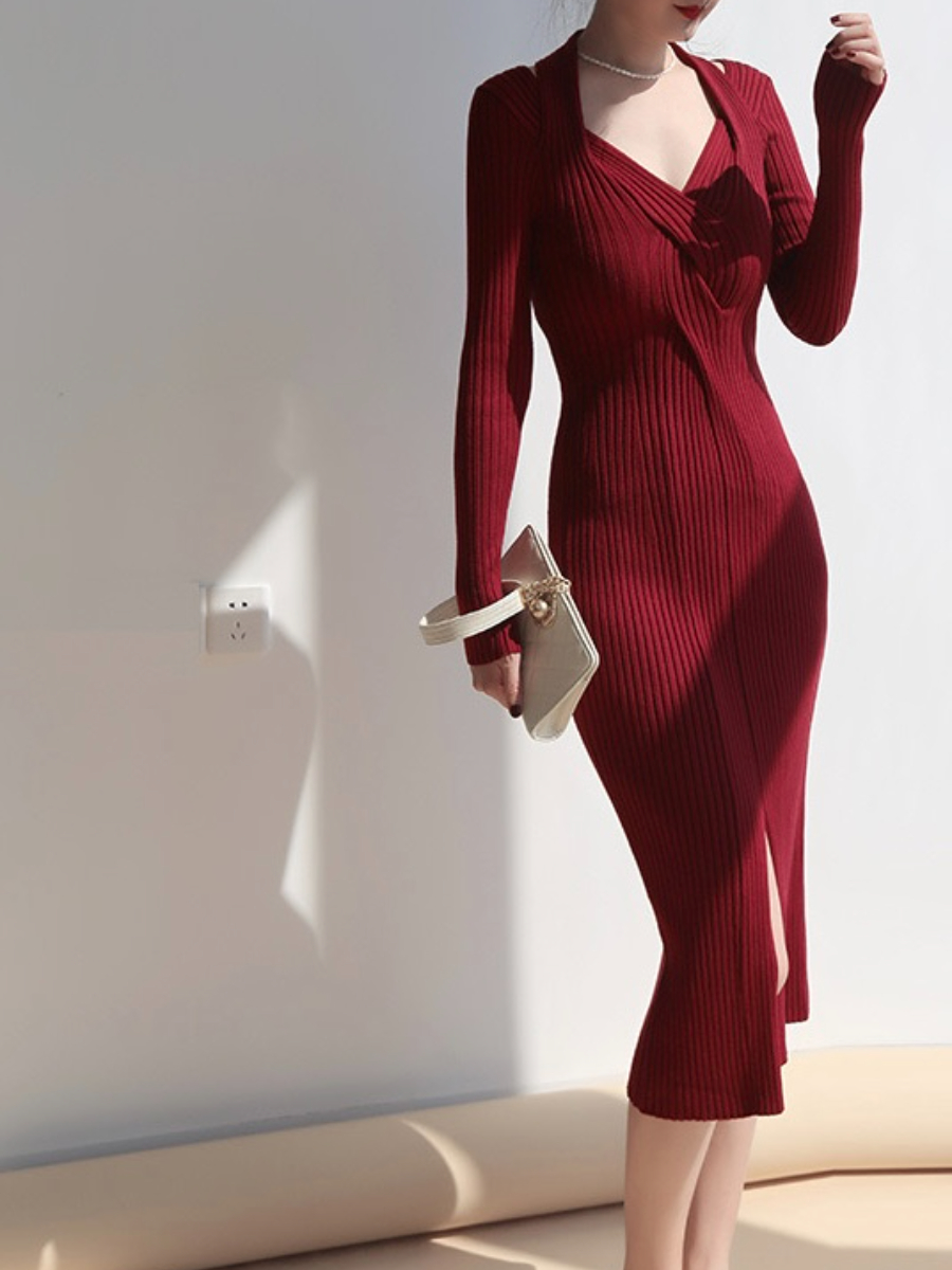 Jarara Heart Collar Front Slit Ribbed Knit Bodycon Dress-The Black Bow-