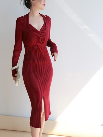 Jarara Heart Collar Front Slit Ribbed Knit Bodycon Dress-The Black Bow-