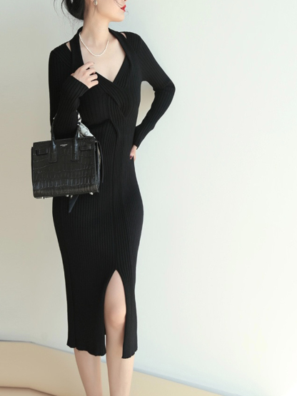 Jarara Heart Collar Front Slit Ribbed Knit Bodycon Dress-The Black Bow-