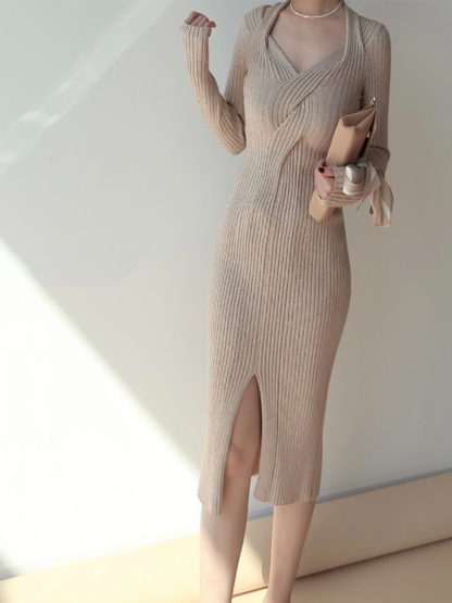 Jarara Heart Collar Front Slit Ribbed Knit Bodycon Dress-The Black Bow-