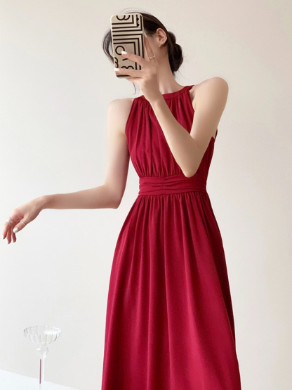 Jeanelle Halter Neck Pleated Fit & Flare Dress-The Black Bow-