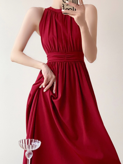Jeanelle Halter Neck Pleated Fit & Flare Dress-The Black Bow-