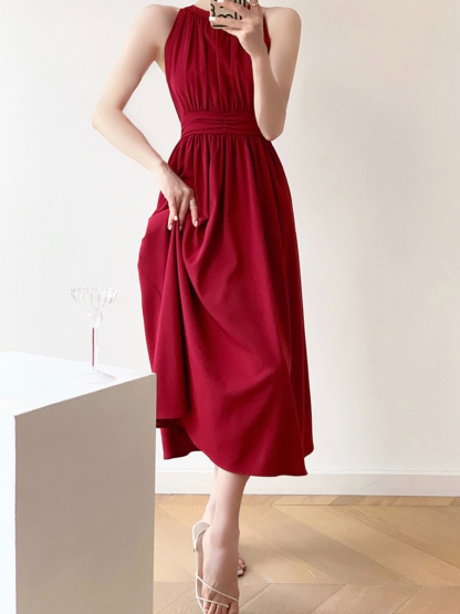 Jeanelle Halter Neck Pleated Fit & Flare Dress-The Black Bow-