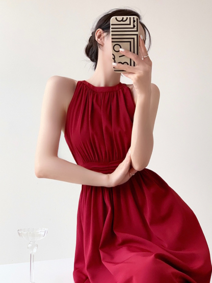 Jeanelle Halter Neck Pleated Fit & Flare Dress-The Black Bow-
