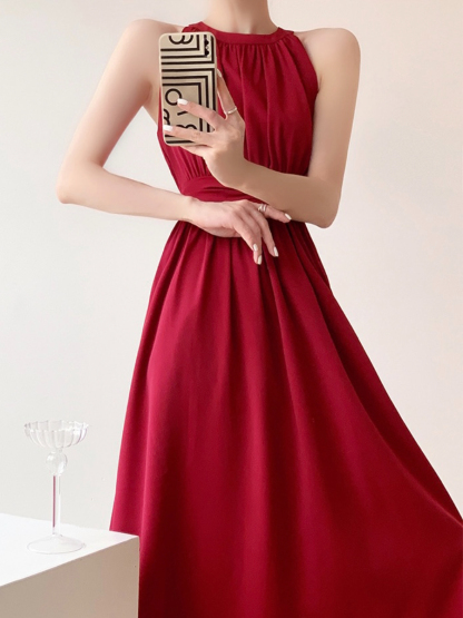 Jeanelle Halter Neck Pleated Fit & Flare Dress-The Black Bow-