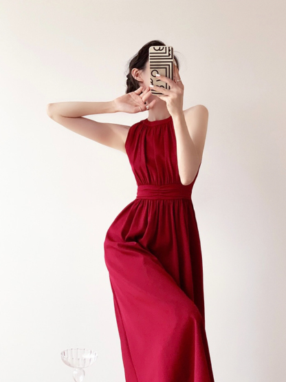 Jeanelle Halter Neck Pleated Fit & Flare Dress-The Black Bow-