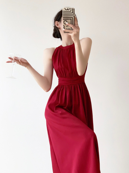 Jeanelle Halter Neck Pleated Fit & Flare Dress-The Black Bow-