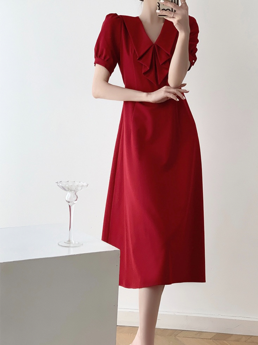 Jeatel Frill Ribbon Collar Flared Hem Dress-The Black Bow-