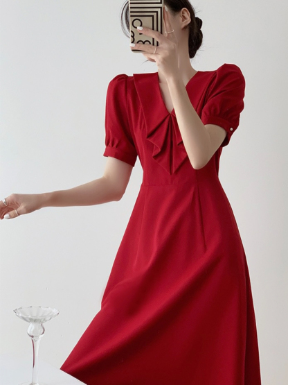 Jeatel Frill Ribbon Collar Flared Hem Dress-The Black Bow-