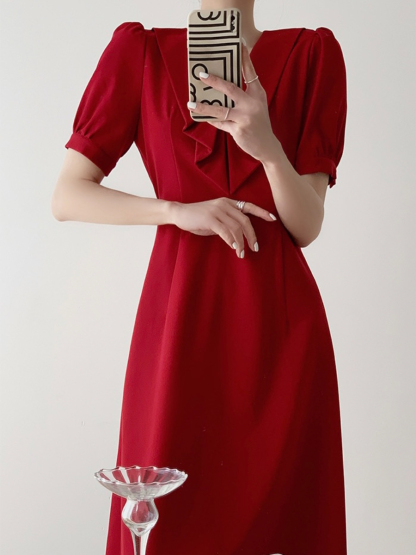 Jeatel Frill Ribbon Collar Flared Hem Dress-The Black Bow-