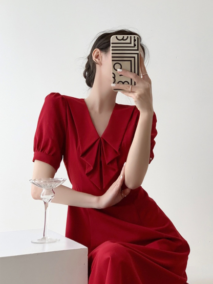 Jeatel Frill Ribbon Collar Flared Hem Dress-The Black Bow-