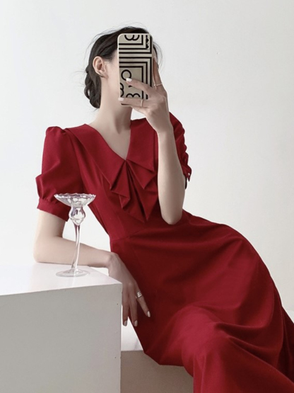 Jeatel Frill Ribbon Collar Flared Hem Dress-The Black Bow-