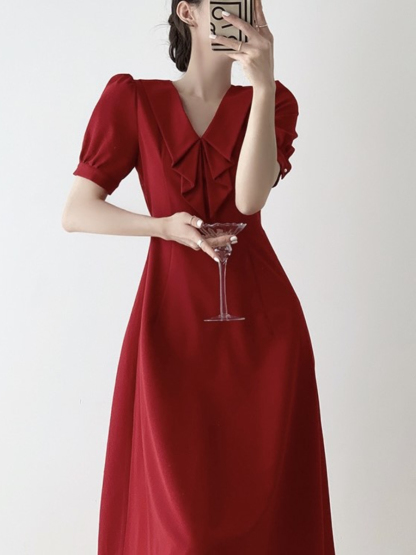 Jeatel Frill Ribbon Collar Flared Hem Dress-The Black Bow-