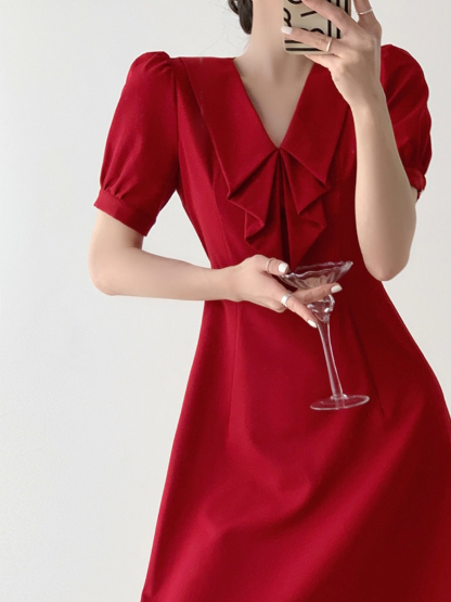 Jeatel Frill Ribbon Collar Flared Hem Dress-The Black Bow-