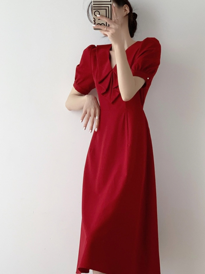 Jeatel Frill Ribbon Collar Flared Hem Dress-The Black Bow-