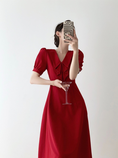 Jeatel Frill Ribbon Collar Flared Hem Dress-The Black Bow-