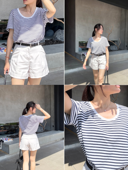 Minz Clean Fit U-Neck Striped Tee (Discounted-L size)