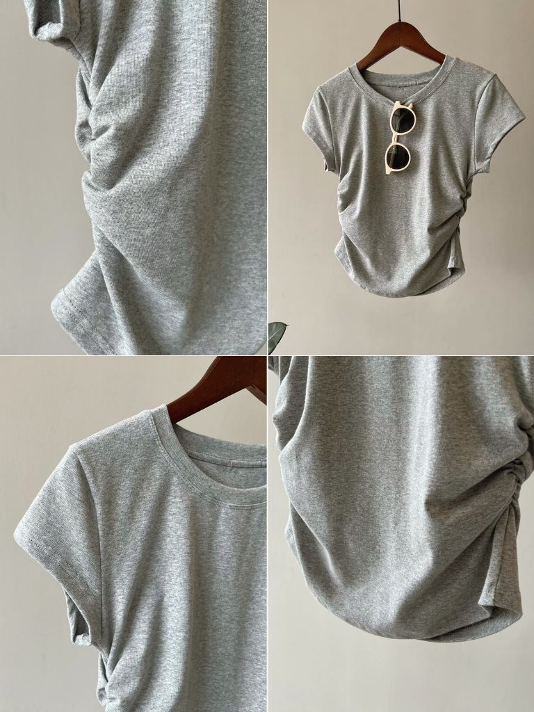 Hadya Round Neck Side Ruched Top-The Black Bow-