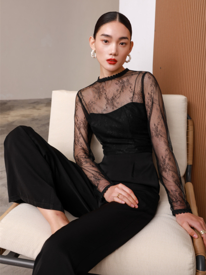 Gladys Sheer Shoulder Lacey Culottes Jumpsuit-The Black Bow-