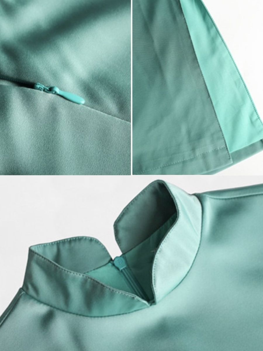 Yu's Simple Mandarin Collar Cheongsam (Turquoise & Light Yellow)-The Black Bow-