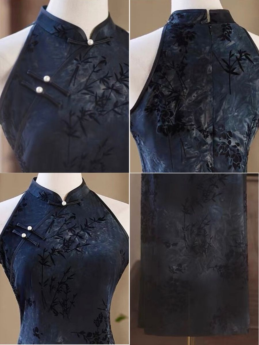 Ci Zhu Bamboo Printing Velvet Cheongsam