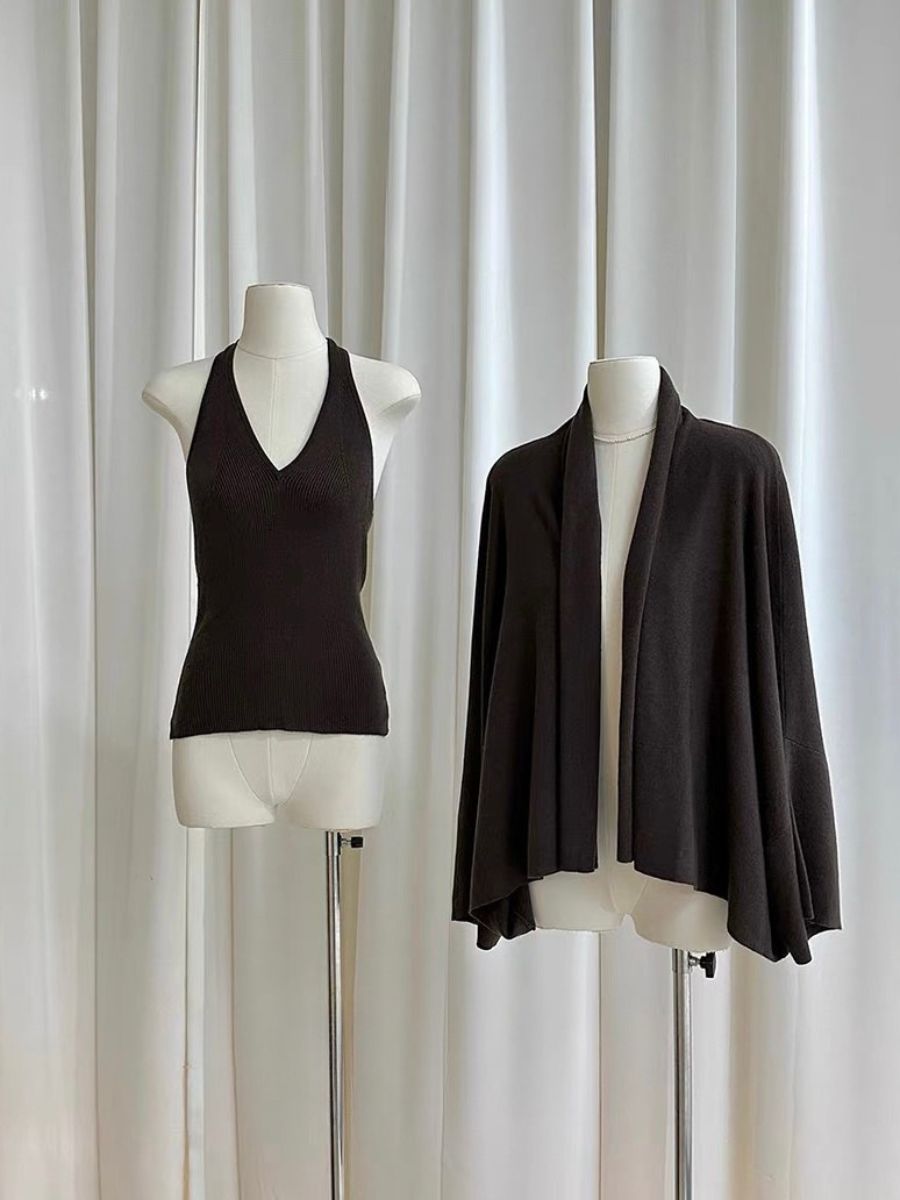 Laselle Two Pieces Halter Neck Button Knit Top with Shawl 