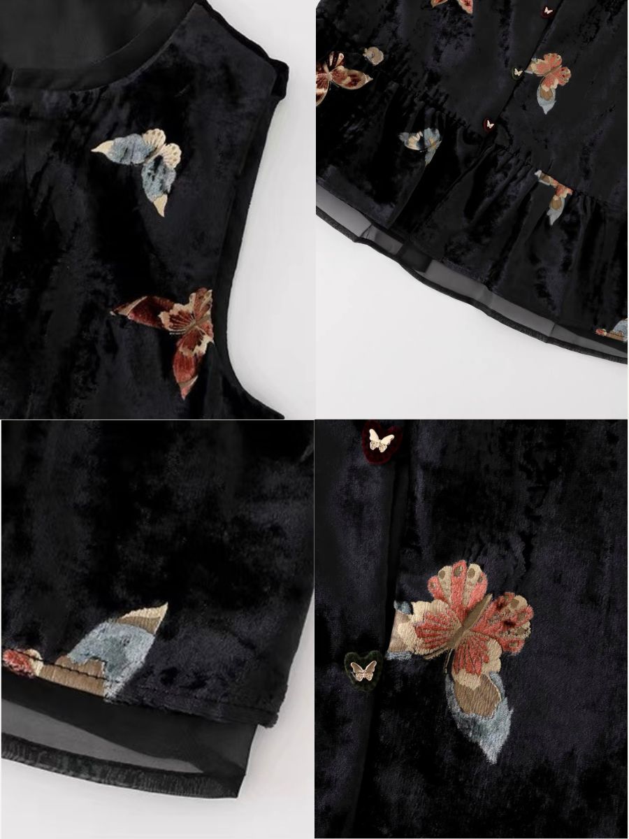 Shuang Ji Butterfly Printing Velvet Oriental Vest