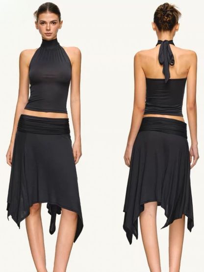 Gunney Tie-Back Halter Top & Handkerchief-Hem Skirt (Sold Seperately)