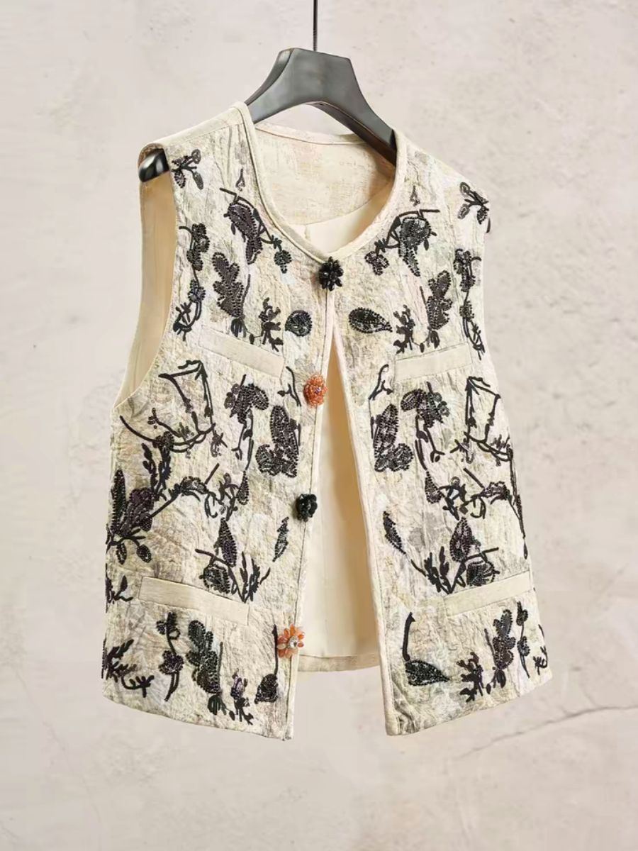 Hei Er Beaded Oriental Vest with Shoulder Padding-The Black Bow-