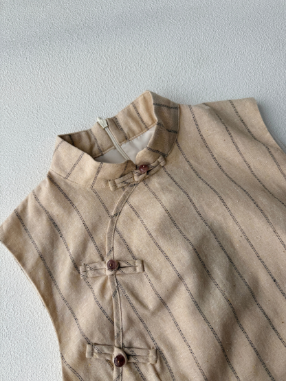 Xi Nin Stripe Linen Cheongsam-The Black Bow-