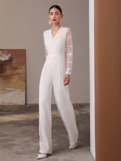Celestial V-Collar Sheer Sleeve Lacey Jumpsuit-The Black Bow-